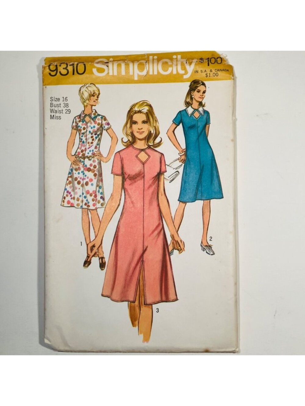 1970s Simplicity 9310 Sz 16 B38 Key hole Neckline A-line Short Sleeve Dress CC